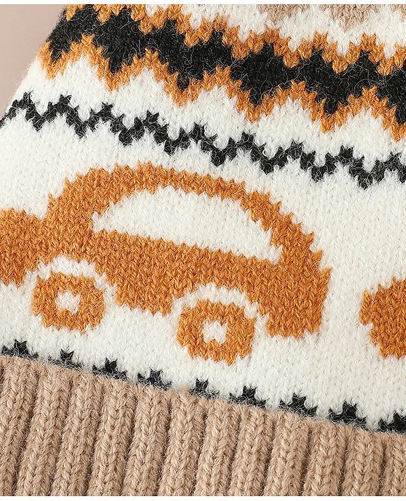 Babyhug Woollen Cap with Pom Pom & Knot with and Vehicle & Geometric Design Blue - Diameter 18.5 cm