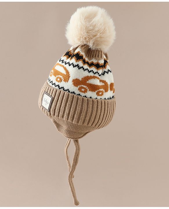 Babyhug Woollen Cap with Pom Pom & Knot with and Vehicle & Geometric Design Blue - Diameter 18.5 cm