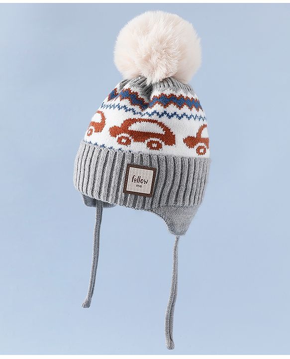 Babyhug Woollen Cap with Pom Pom & Knot with and Vehicle & Geometric Design Blue - Diameter 18.5 cm