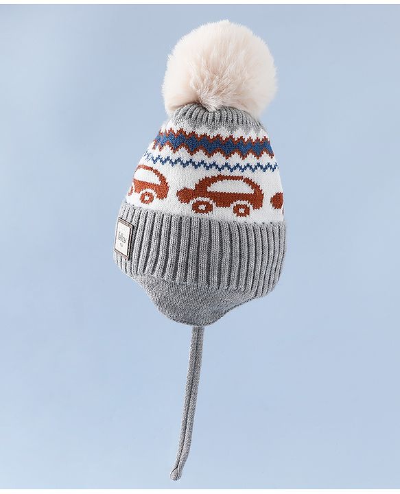 Babyhug Woollen Cap with Pom Pom & Knot with and Vehicle & Geometric Design Blue - Diameter 18.5 cm