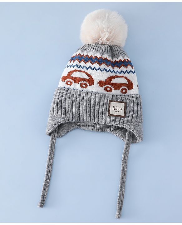 Babyhug Woollen Cap with Pom Pom & Knot with and Vehicle & Geometric Design Blue - Diameter 18.5 cm
