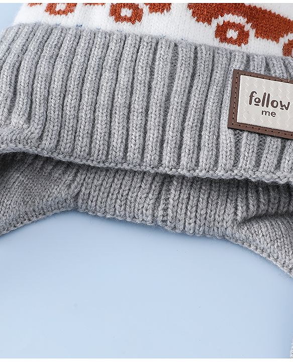Babyhug Woollen Cap with Pom Pom & Knot with and Vehicle & Geometric Design Blue - Diameter 18.5 cm