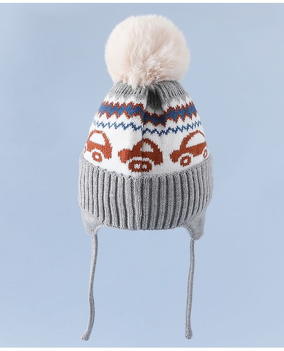 Babyhug Woollen Cap with Pom Pom & Knot with and Vehicle & Geometric Design Blue - Diameter 18.5 cm