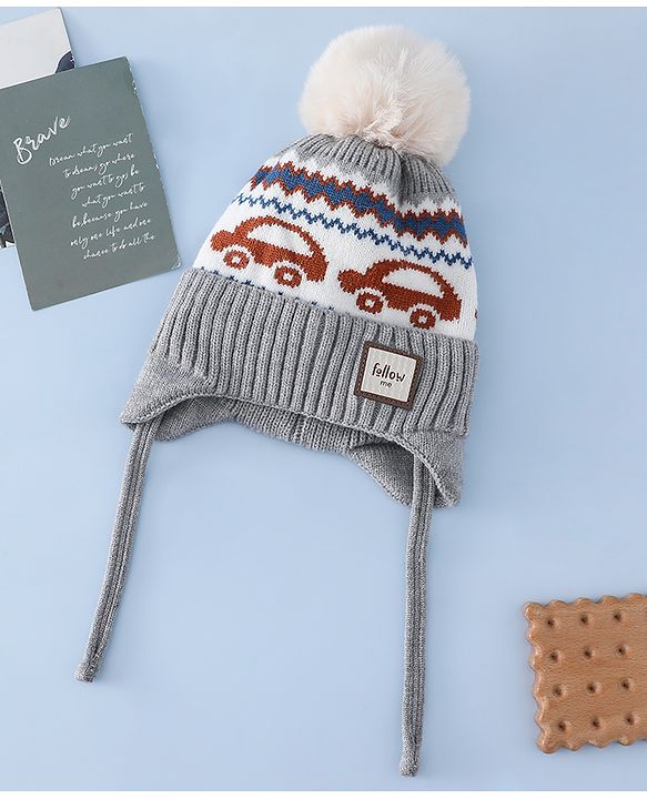Babyhug Woollen Cap with Pom Pom & Knot with and Vehicle & Geometric Design Blue - Diameter 18.5 cm