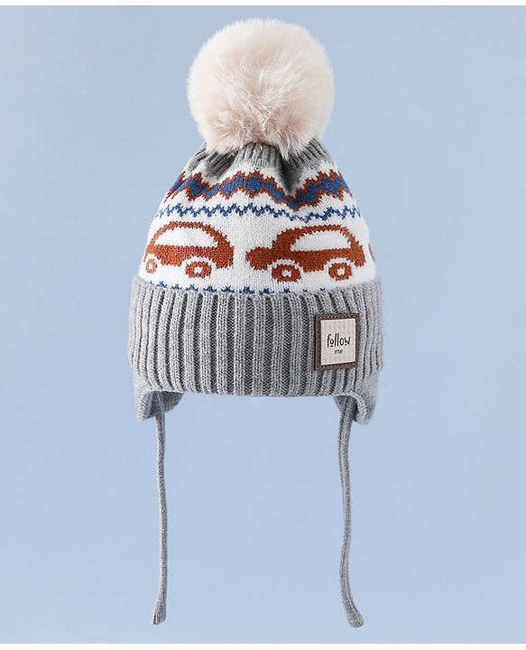Babyhug Woollen Cap with Pom Pom & Knot with and Vehicle & Geometric Design Blue - Diameter 18.5 cm