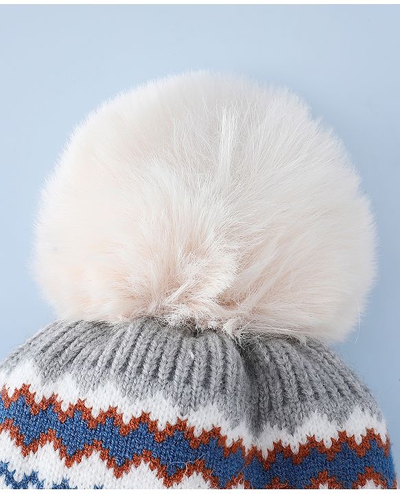 Babyhug Woollen Cap with Pom Pom & Knot with and Vehicle & Geometric Design Blue - Diameter 18.5 cm