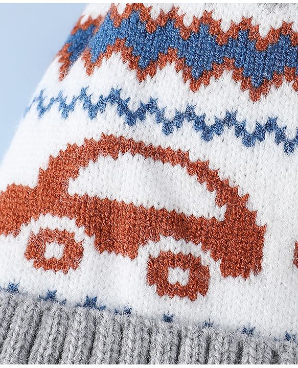 Babyhug Woollen Cap with Pom Pom & Knot with and Vehicle & Geometric Design Blue - Diameter 18.5 cm