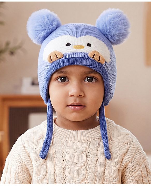 Babyhug Viscose Woollen Cap with Knot, Ear & Pom Pom and Penguin Print & Applique Blue - Diameter 22 cm