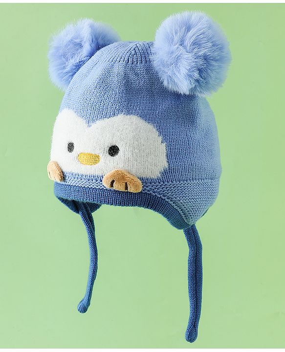 Babyhug Viscose Woollen Cap with Knot, Ear & Pom Pom and Penguin Print & Applique Blue - Diameter 22 cm