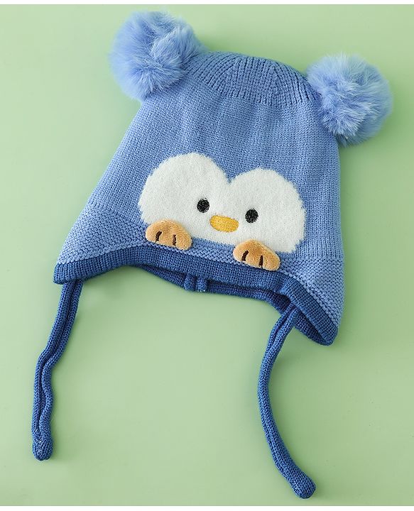 Babyhug Viscose Woollen Cap with Knot, Ear & Pom Pom and Penguin Print & Applique Blue - Diameter 22 cm