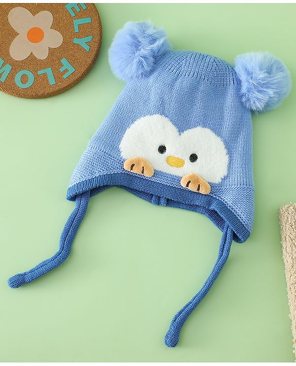 Babyhug Viscose Woollen Cap with Knot, Ear & Pom Pom and Penguin Print & Applique Blue - Diameter 22 cm