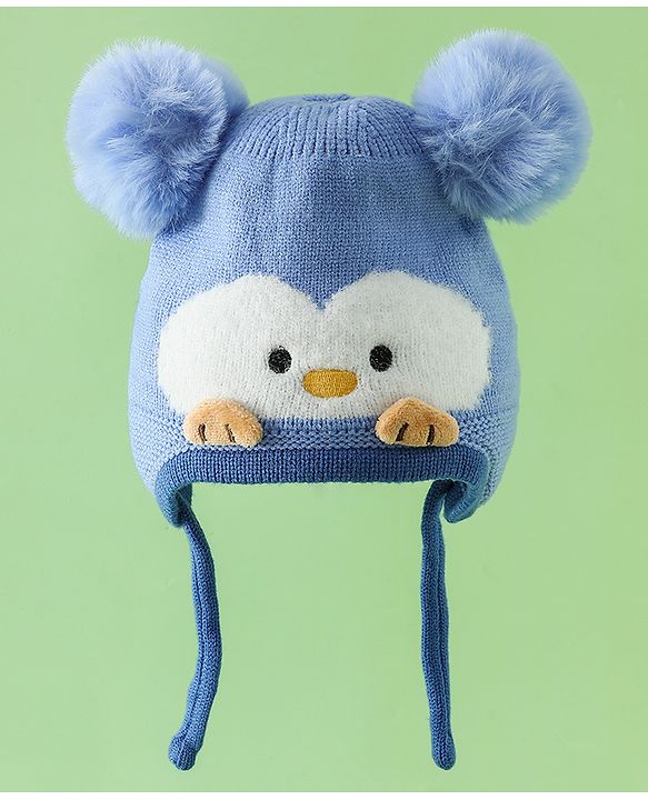 Babyhug Viscose Woollen Cap with Knot, Ear & Pom Pom and Penguin Print & Applique Blue - Diameter 22 cm