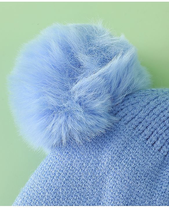 Babyhug Viscose Woollen Cap with Knot, Ear & Pom Pom and Penguin Print & Applique Blue - Diameter 22 cm