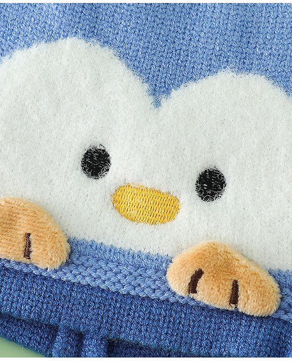 Babyhug Viscose Woollen Cap with Knot, Ear & Pom Pom and Penguin Print & Applique Blue - Diameter 22 cm
