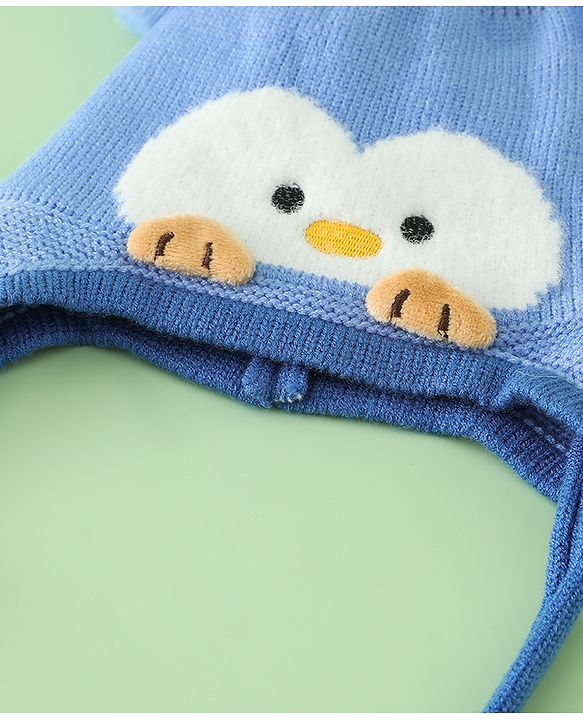Babyhug Viscose Woollen Cap with Knot, Ear & Pom Pom and Penguin Print & Applique Blue - Diameter 22 cm