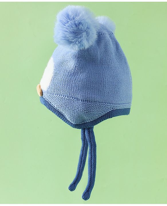 Babyhug Viscose Woollen Cap with Knot, Ear & Pom Pom and Penguin Print & Applique Blue - Diameter 22 cm