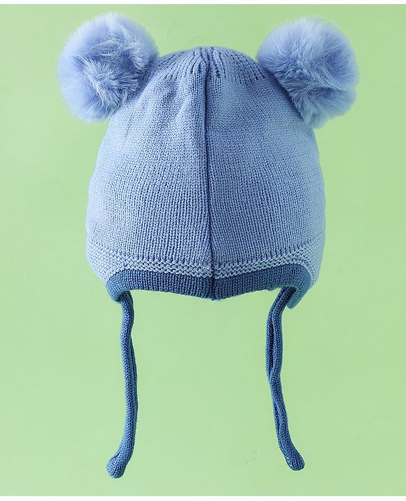 Babyhug Viscose Woollen Cap with Knot, Ear & Pom Pom and Penguin Print & Applique Blue - Diameter 22 cm