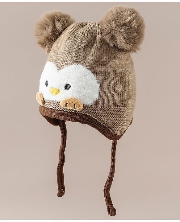Babyhug Viscose Woollen Cap with Knot, Ear & Pom Pom and Penguin Print & Applique Blue - Diameter 22 cm