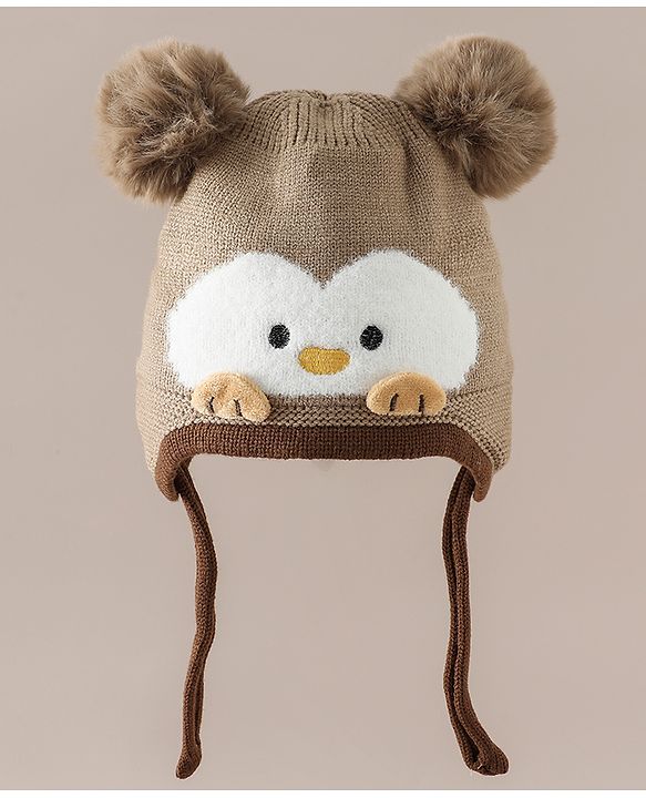 Babyhug Viscose Woollen Cap with Knot, Ear & Pom Pom and Penguin Print & Applique Blue - Diameter 22 cm