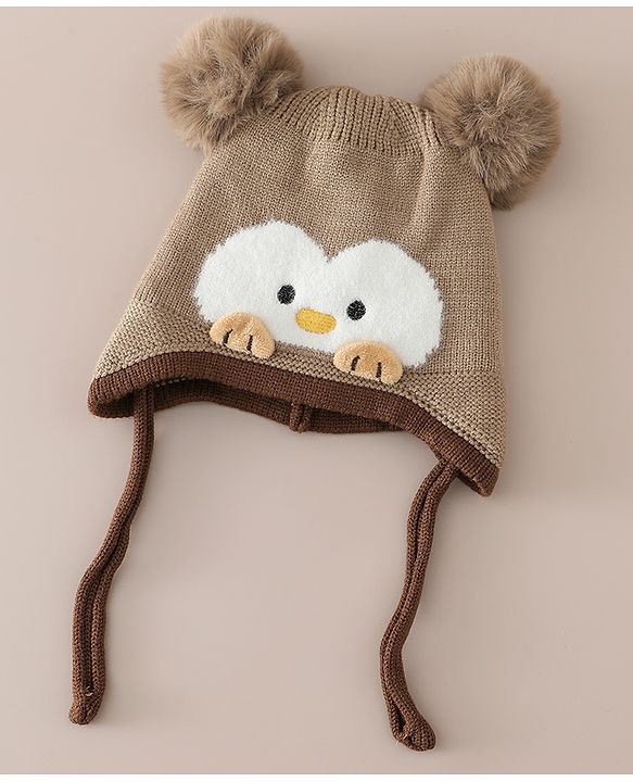 Babyhug Viscose Woollen Cap with Knot, Ear & Pom Pom and Penguin Print & Applique Blue - Diameter 22 cm