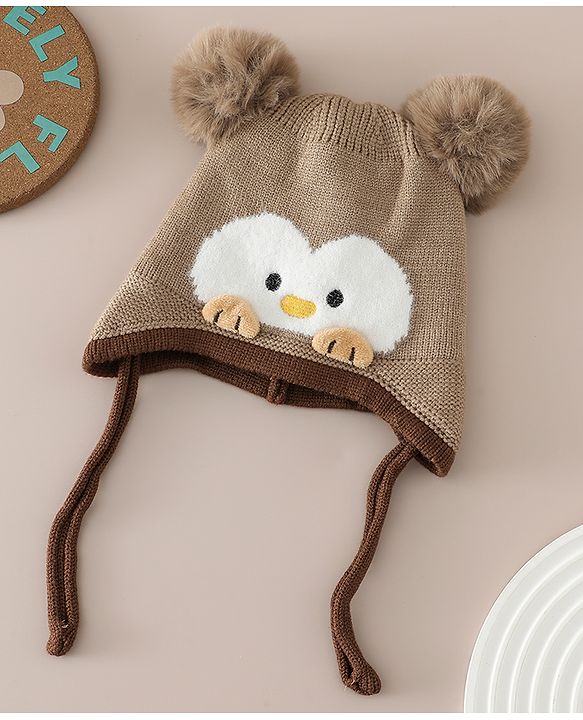 Babyhug Viscose Woollen Cap with Knot, Ear & Pom Pom and Penguin Print & Applique Blue - Diameter 22 cm