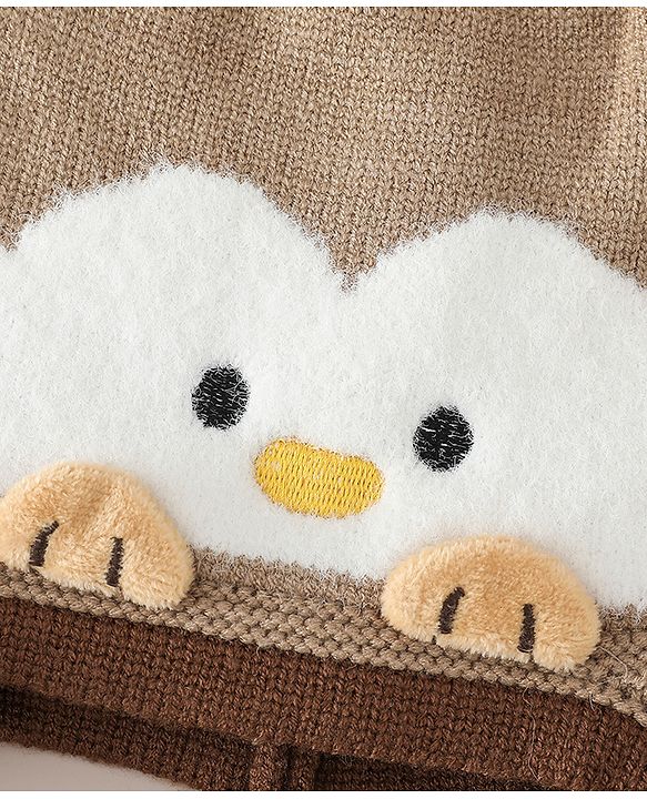 Babyhug Viscose Woollen Cap with Knot, Ear & Pom Pom and Penguin Print & Applique Blue - Diameter 22 cm