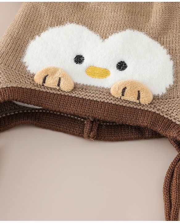 Babyhug Viscose Woollen Cap with Knot, Ear & Pom Pom and Penguin Print & Applique Blue - Diameter 22 cm