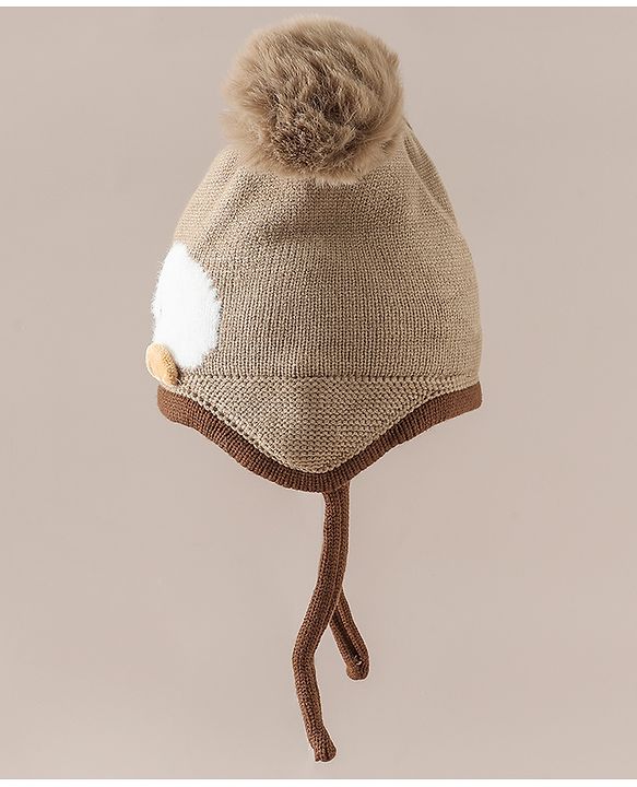 Babyhug Viscose Woollen Cap with Knot, Ear & Pom Pom and Penguin Print & Applique Blue - Diameter 22 cm
