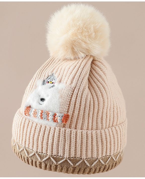 Babyhug Viscose Woollen Cap with Pom Pom and Penguin Polar Bear Print Khaki - Diameter 16.5 cm