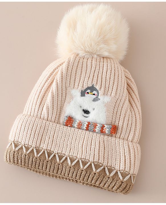 Babyhug Viscose Woollen Cap with Pom Pom and Penguin Polar Bear Print Khaki - Diameter 16.5 cm