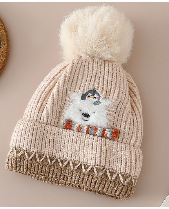 Babyhug Viscose Woollen Cap with Pom Pom and Penguin Polar Bear Print Khaki - Diameter 16.5 cm