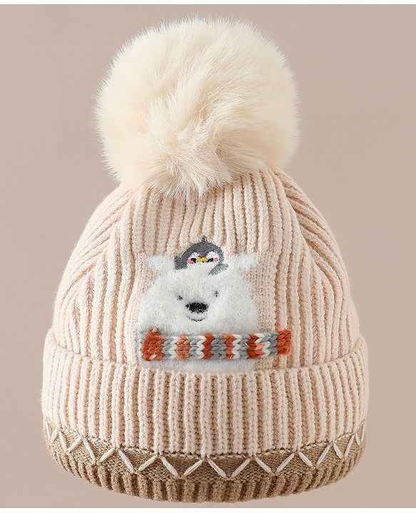 Babyhug Viscose Woollen Cap with Pom Pom and Penguin Polar Bear Print Khaki - Diameter 16.5 cm