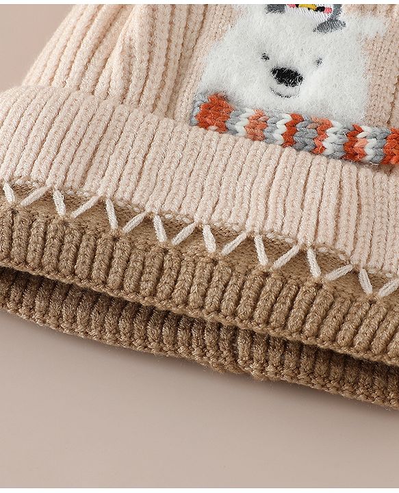 Babyhug Viscose Woollen Cap with Pom Pom and Penguin Polar Bear Print Khaki - Diameter 16.5 cm