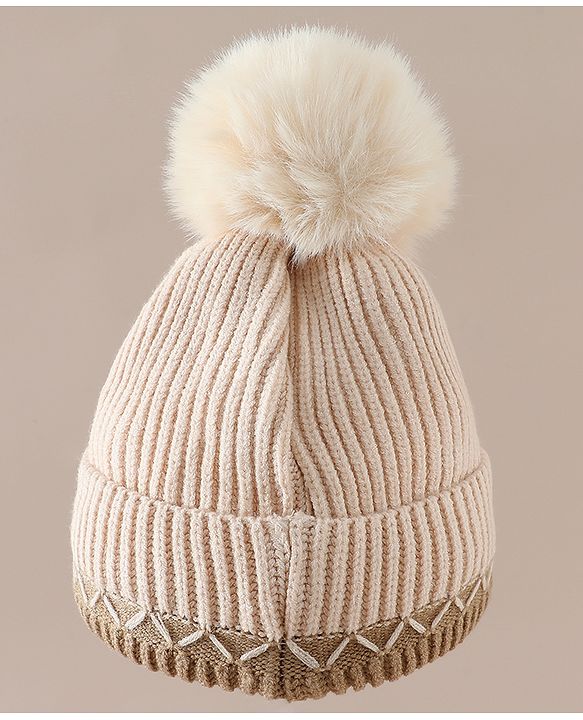 Babyhug Viscose Woollen Cap with Pom Pom and Penguin Polar Bear Print Khaki - Diameter 16.5 cm