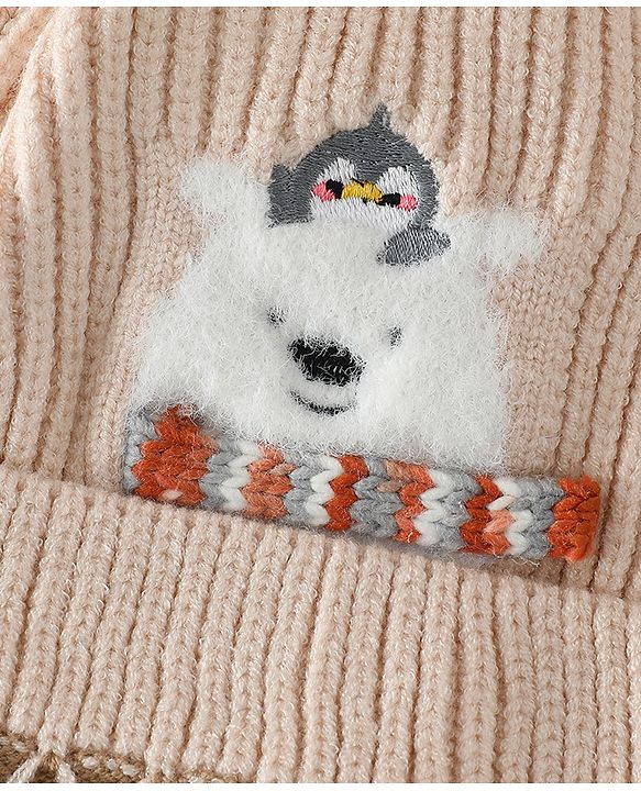Babyhug Viscose Woollen Cap with Pom Pom and Penguin Polar Bear Print Khaki - Diameter 16.5 cm