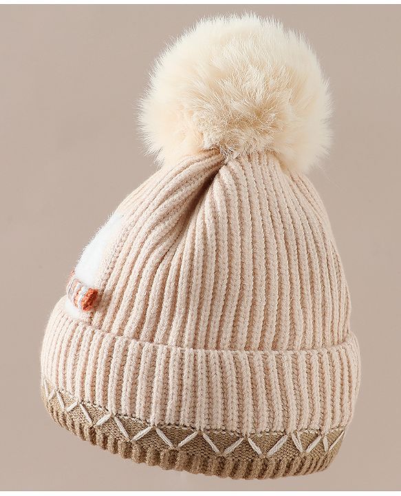 Babyhug Viscose Woollen Cap with Pom Pom and Penguin Polar Bear Print Khaki - Diameter 16.5 cm