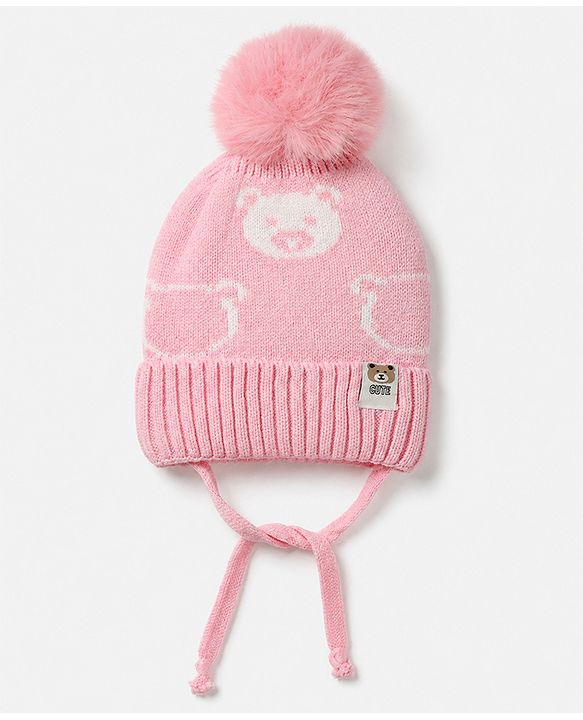 Babyhug Woollen Cap WIth Bear Design in Pink - Diameter 15 cm