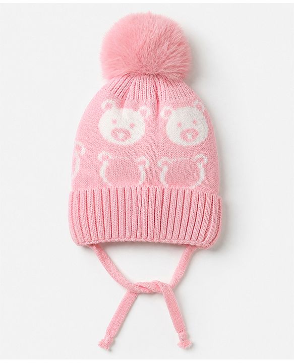 Babyhug Woollen Cap WIth Bear Design in Pink - Diameter 15 cm