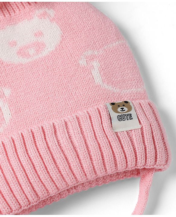 Babyhug Woollen Cap WIth Bear Design in Pink - Diameter 15 cm