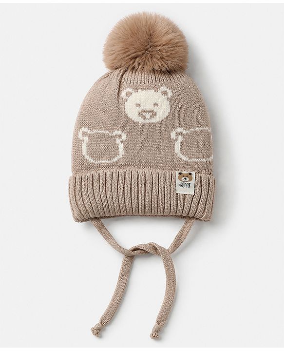 Babyhug Woollen Cap WIth Bear Design in Pink - Diameter 15 cm