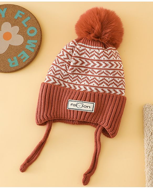Babyhug Printed Woollen Cap Red - Diameter 16.5 cm