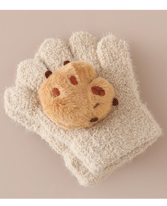 Babyhug Gloves with Bear Applique - Beige