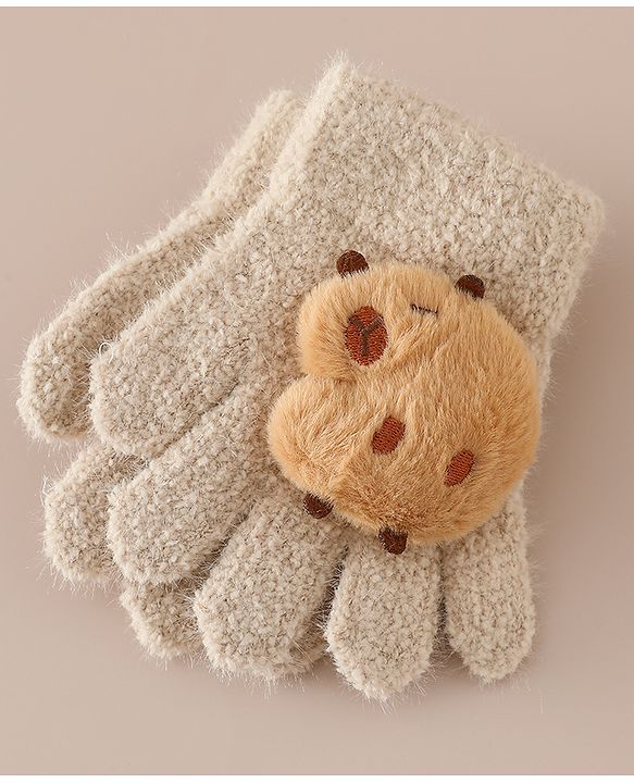 Babyhug Gloves with Bear Applique - Beige