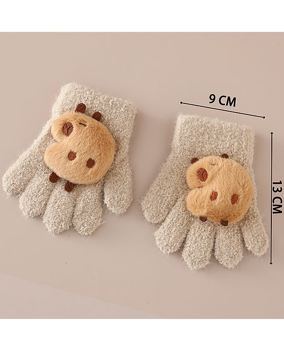 Babyhug Gloves with Bear Applique - Beige