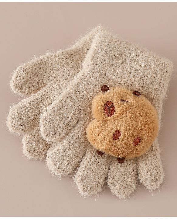 Babyhug Gloves with Bear Applique - Beige