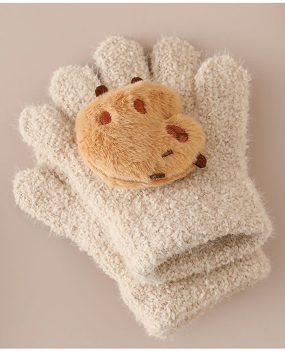 Babyhug Gloves with Bear Applique - Beige