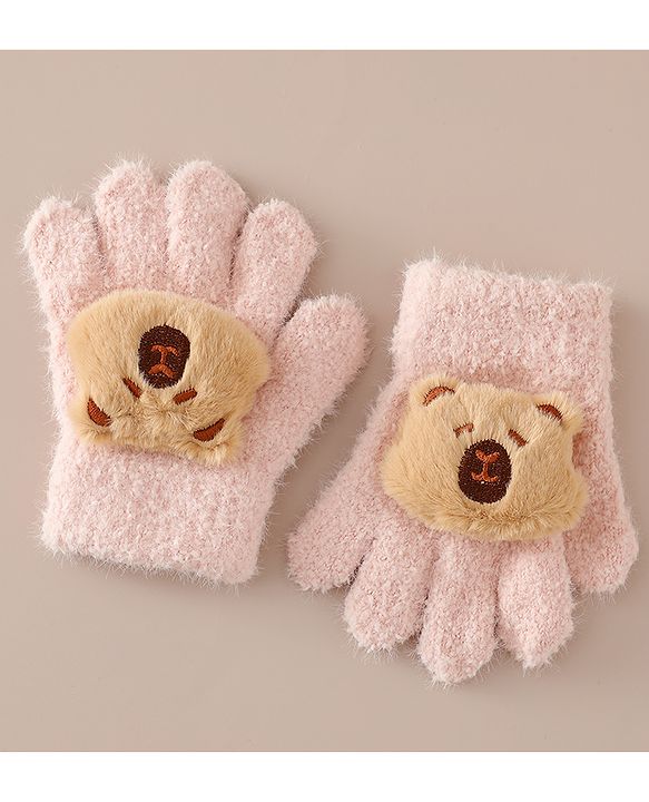 Babyhug Gloves with Bear Applique - Pink