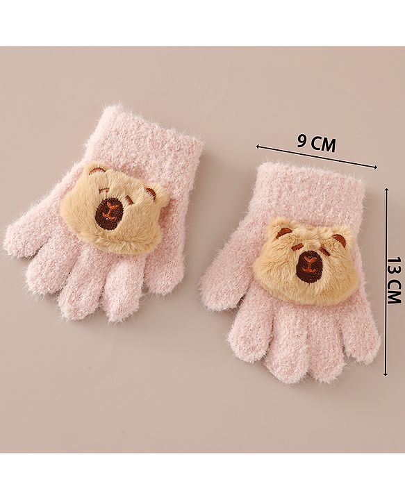 Babyhug Gloves with Bear Applique - Pink
