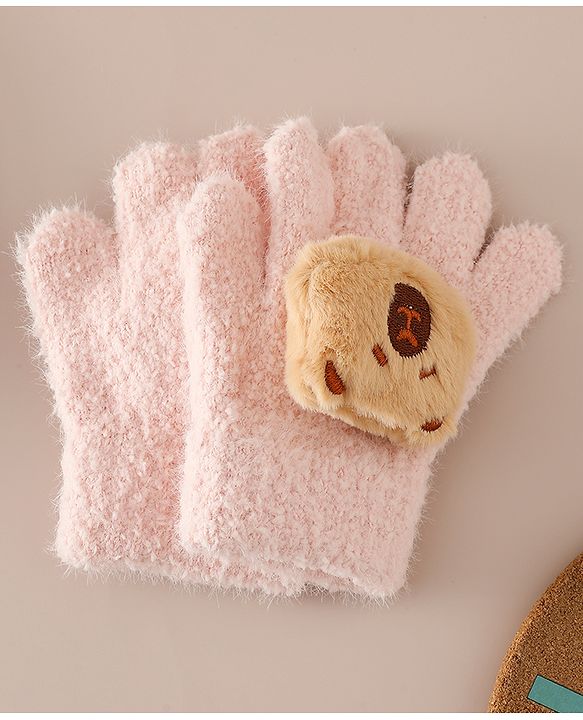 Babyhug Gloves with Bear Applique - Pink