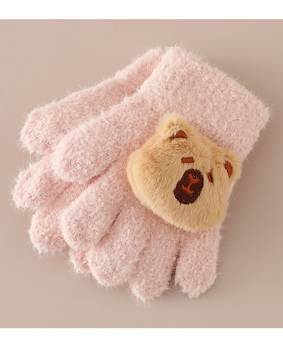 Babyhug Gloves with Bear Applique - Pink